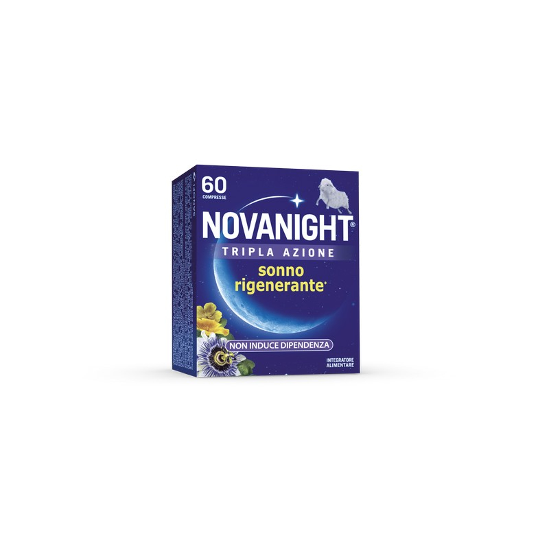 NOVANIGHT Tripla Azione Sonno Rigenerante, Integratore Alimentare con Melissa e Melatonina per Dormire, Senza Glutine, 60 Compresse, Non Induce Dipendenza