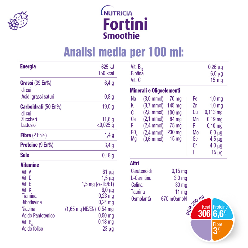 Fortini Smothie Multi Fibre Integratore Nutrizionale Gusto Frutti Rossi 200 ml