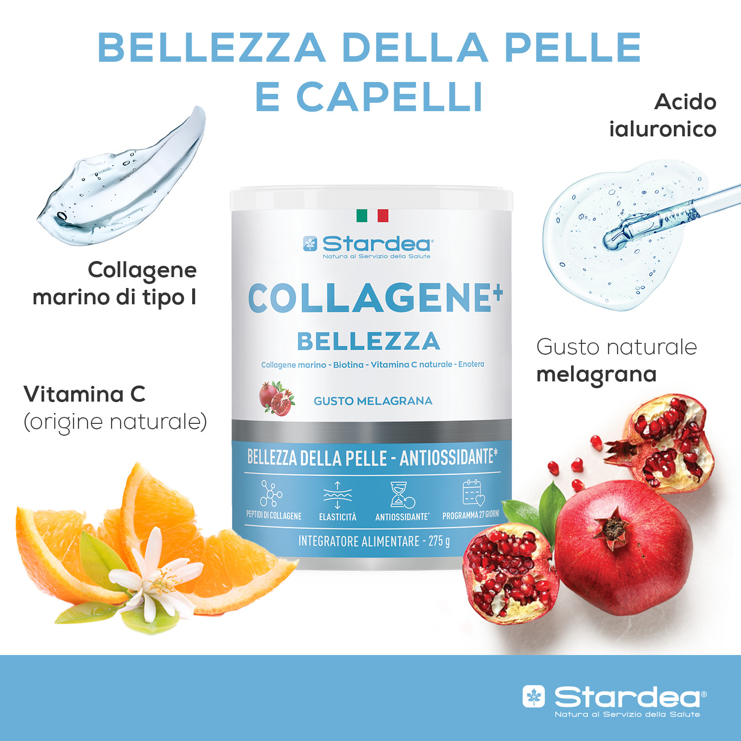 STARDEA COLLAGENE + BELLEZZA POLVERE - INTEGRATORE ALIMENTARE A BASE DI Collagene marino  e Acido ialuronico per la BELLEZZA DELLA PELLE - POLVERE 275 GR.