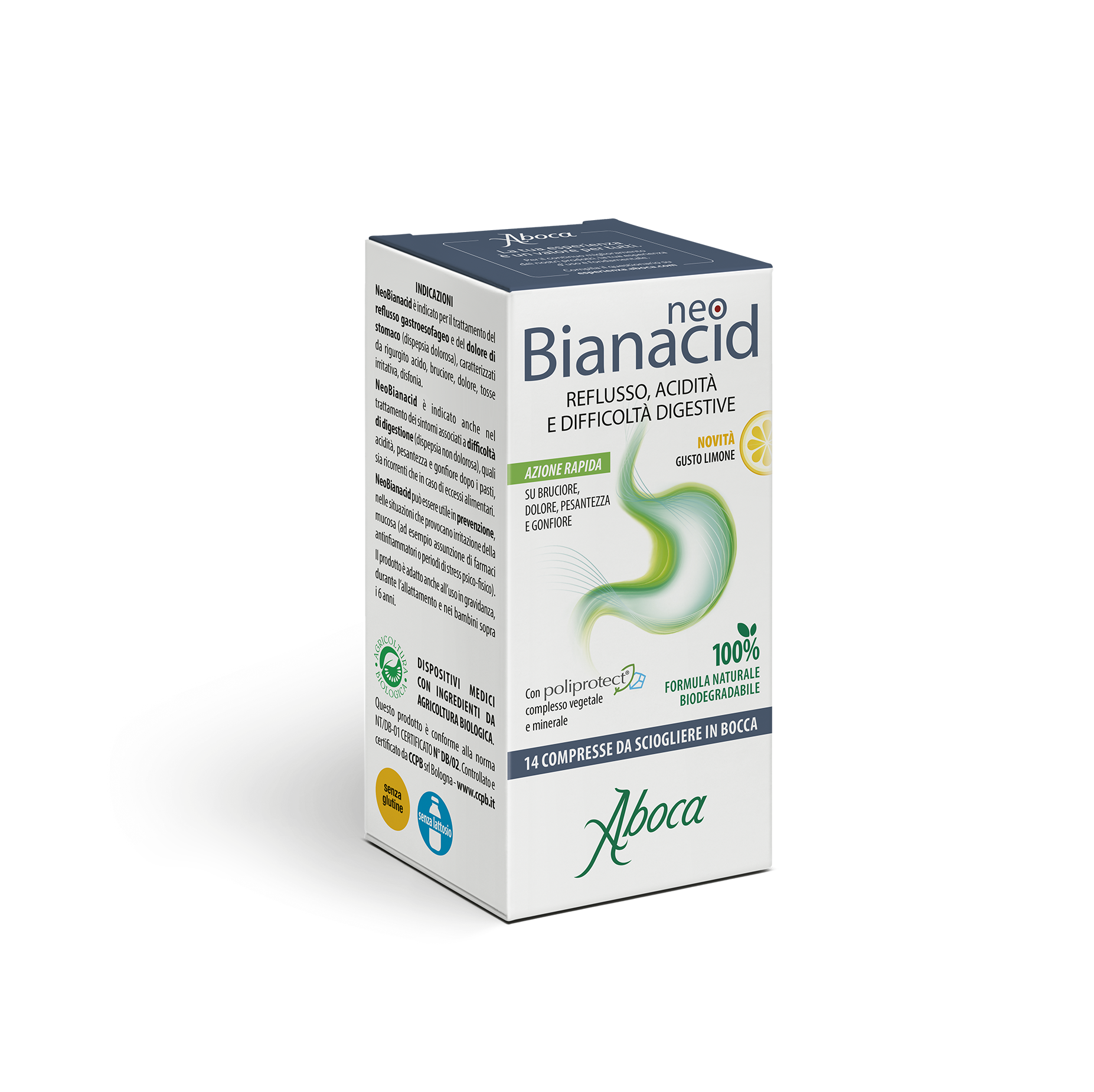 Aboca - NeoBianacid 14 Compresse Gusto Limone Per Reflusso, Acidità E Difficoltà Digestive - Dispositivo Medico Classe III