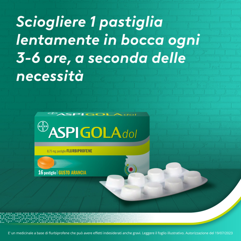 Aspi Gola Dol Caramelle Antinfiammatorio e Antidolorifico per Gola Infiammata, Faringite e Mal di gola, 16 pastiglie Senza Zucchero Arancia