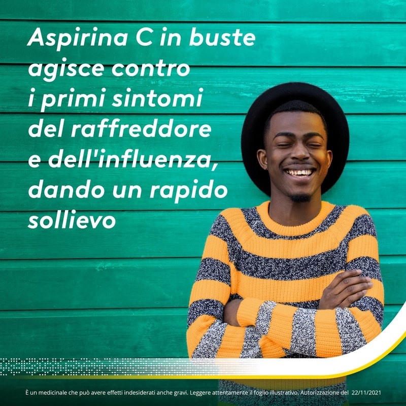 Aspirina C, contro sintomi di Raffreddore, Influenza e Febbre, 400 mg di Acido Acetilsalicilico + 240 mg di Vitamina C, antinfiammatorio e analgesico, Gusto Arancia, 10 Bustine