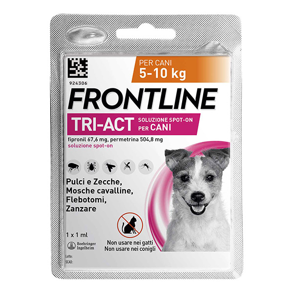 Frontline Tri Act x1 Pipetta, Antiparassitario Per Cani e Cuccioli (Taglia S 5-10Kg) Contro Pulci, Zecche, Zanzare, Pappataci e Leishmaniosi