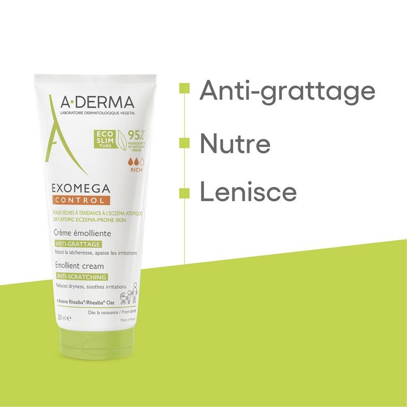 A-Derma Exomega Control Crema emolliente anti-grattage, Lenisce la secchezza, gli arrossamenti e riduce le sensazioni di prurito, Pelle secca a tendenza atopica, 200ml