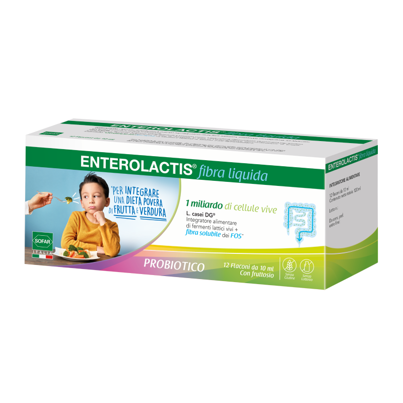 Enterolactis Fibra Liquida, Integratore Alimentare con Fermenti lattici, probiotici, Fibra solubile FOS, Fruttoligosaccaridi, 1 Miliardo Cellule Vive, Senza Glutine e Lattosio, 12 Flaconcini Gusto Limone