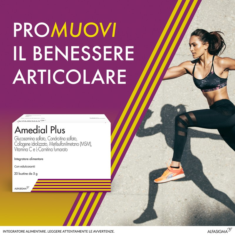 Amedial Plus, Integratore Alimentare per il Benessere delle Atricolazioni, contribuisce a mantenere in  Ossa e delle Cartilagini, 20 Bustine da 5mg da Sciogliere in Acqua