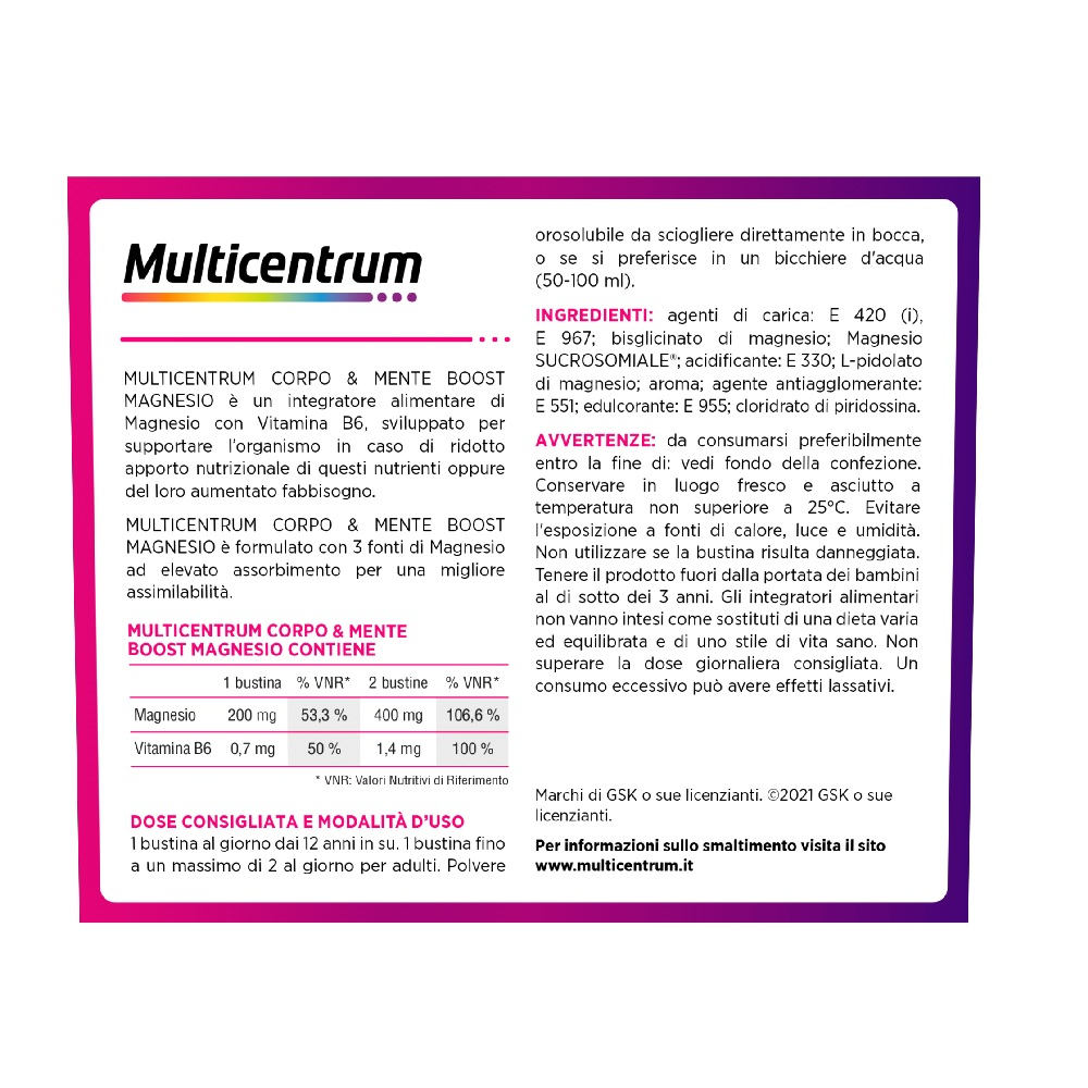 Multicentrum Boost Magnesio Integratore Alimentare Vitamina B6 per Supporto Organismo 30 Bustine