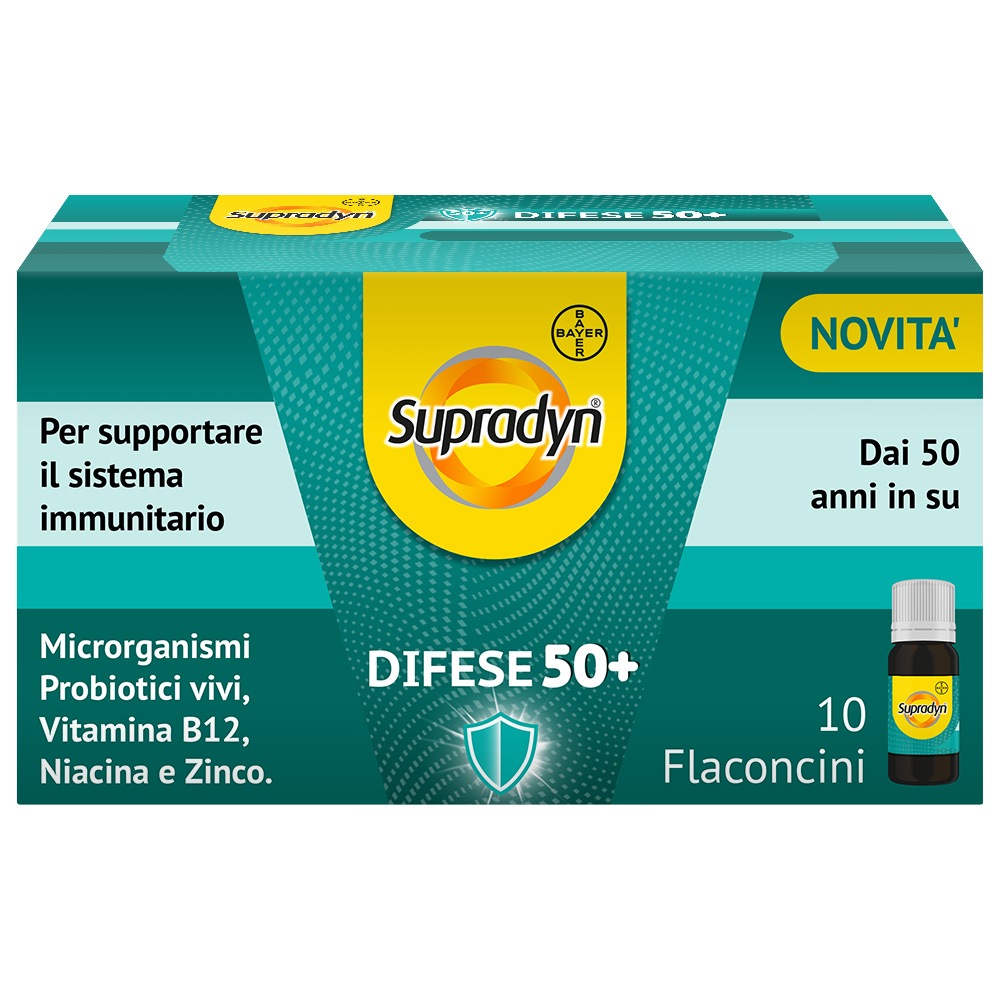 Supradyn Difese 50+ Integratore Multivitaminico  con Vitamina B12, Zinco, Niacina e Probiotici, per il Sistema Immunitario, Gusto Caramello, 10 Flaconcini da 10 ml