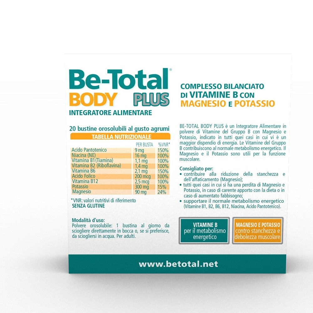 Be-Total Body Plus Integratore Alimentare Vitamina B Magnesio Potassio per Adulti 20 Bustine