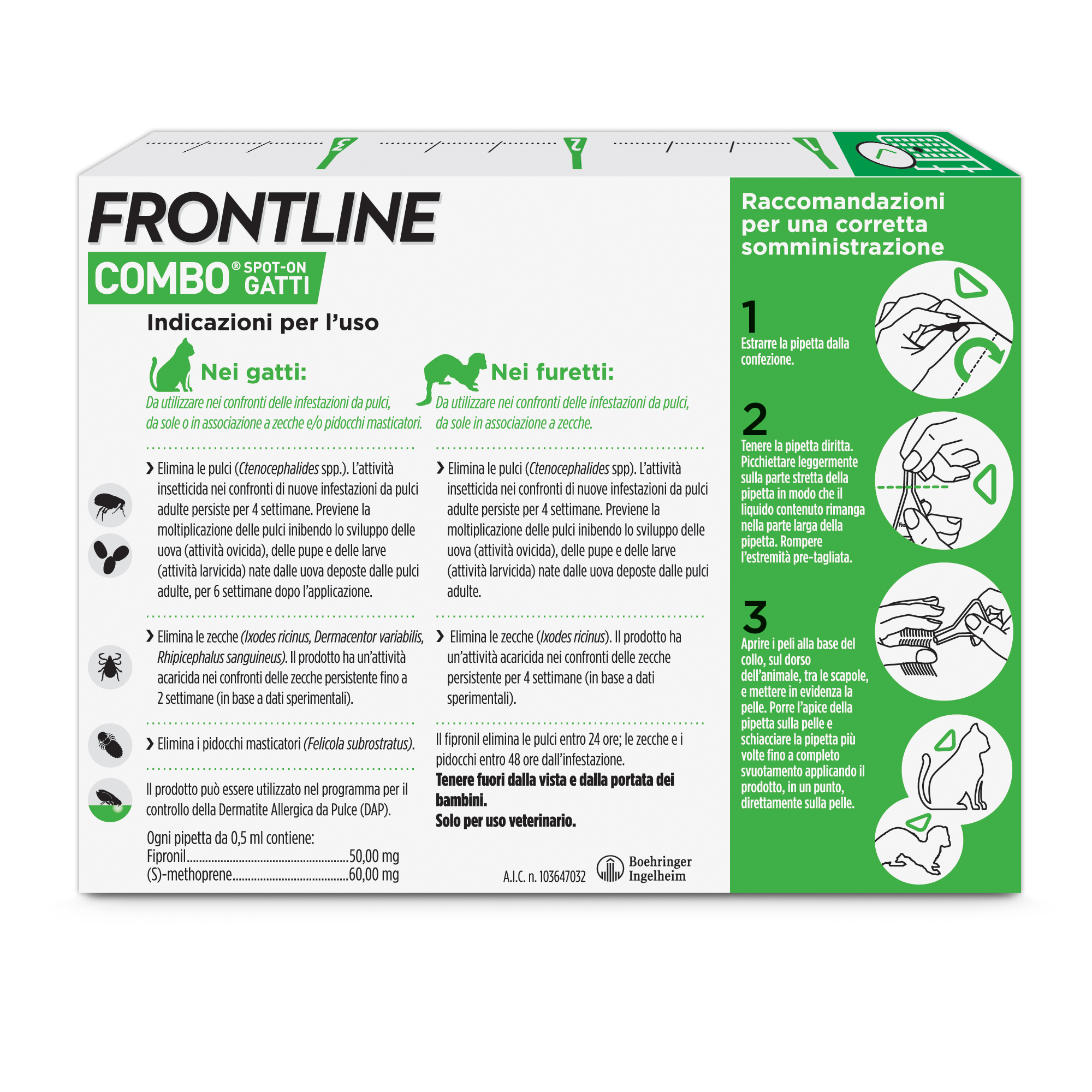 Frontline Combo Gatti x3 Pipette, Antiparassitario per Gatti, Gattini e Furetti, Contro Pulci, Zecche, Uova, Larve e Pidocchi