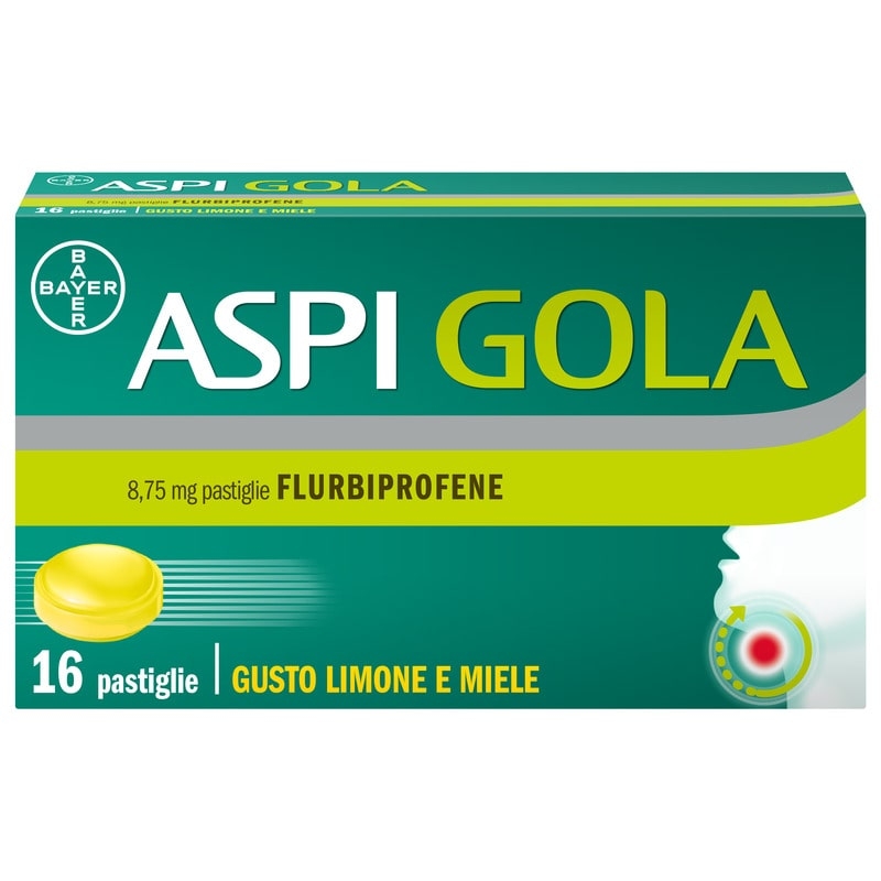 Aspi Gola Pastiglie per la gola infiammata, con 8,75 mg di Flurbiprofene, contro Faringite e Mal di gola, Gusto Limone e Miele 16 Pastiglie Orosolubili