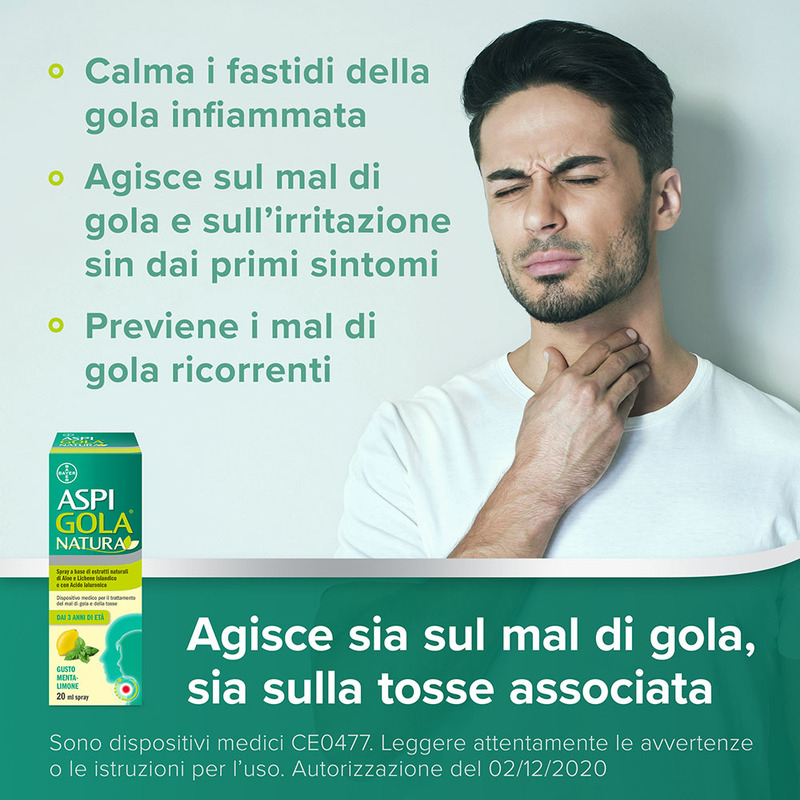 Aspi Gola Natura Spray, con estratti naturali di Aloe, Acido Ialuronico e Lichene Islandico, contro Mal di Gola e Tosse associata, Gusto Menta e Limone, Flacone da 20ml