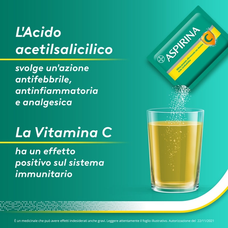 Aspirina C, contro sintomi di Raffreddore, Influenza e Febbre, 400 mg di Acido Acetilsalicilico + 240 mg di Vitamina C, antinfiammatorio e analgesico, Gusto Arancia, 10 Bustine