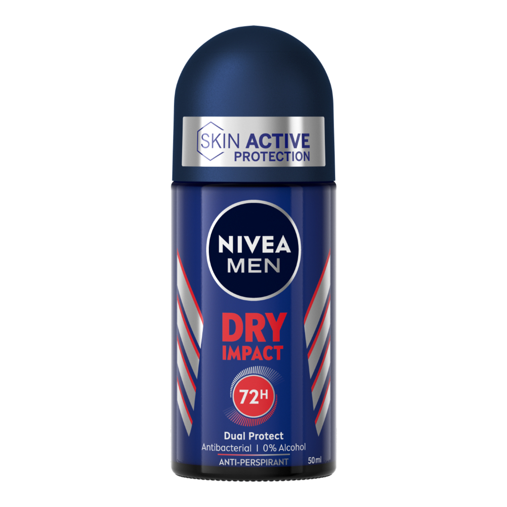 Nivea Men Dry Impact Deodorante Roll on 50 ml, Deodorante uomo per 72h di protezione antitraspirante