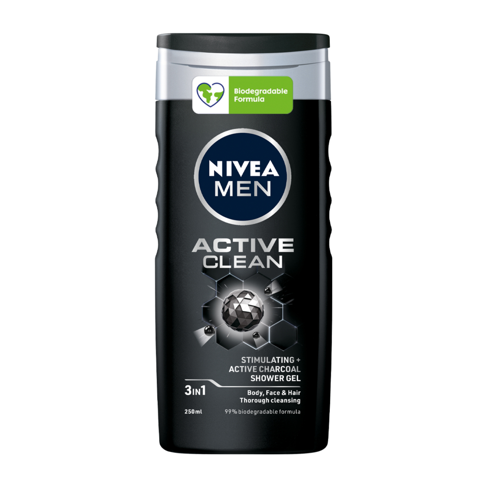 Nivea Men Doccia Shampoo Active Clean 250 ml, Docciaschiuma uomo efficace per viso, corpo e capelli