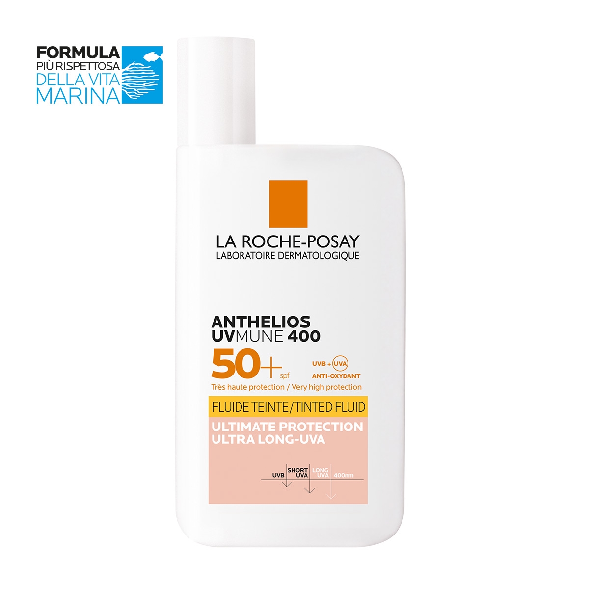 La Roche-Posay Anthelios UVMune 400 Fluido Invisibile Colorato SPF50+ 50 ml. Protezione contro i raggi UVA ultra-lunghi.