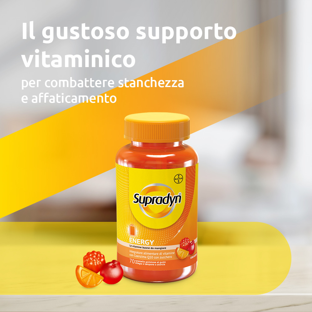Supradyn Energy Integratore Multivitaminico con Vitamine A, B, C, D, E e Coenzima Q10  contro la Stanchezza, Gusto Ciliegia, Lampone e Arancia, 70 Caramelle Gommose
