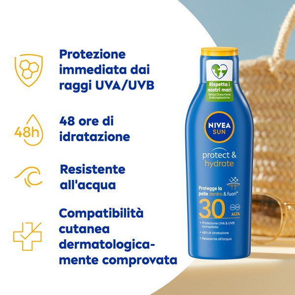 Nivea Sun Latte Solare Protect & Hydrate SPF30 100 ml, Crema solare 30 idratante in formato viaggio
