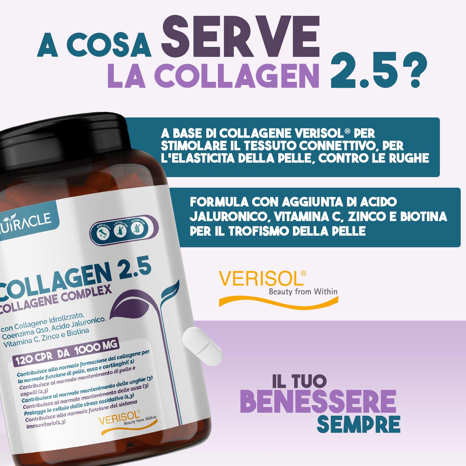 Nutracle Collagen 2,5 - Integratore Per Capelli, Pelle Ed Unghie 120 Compresse