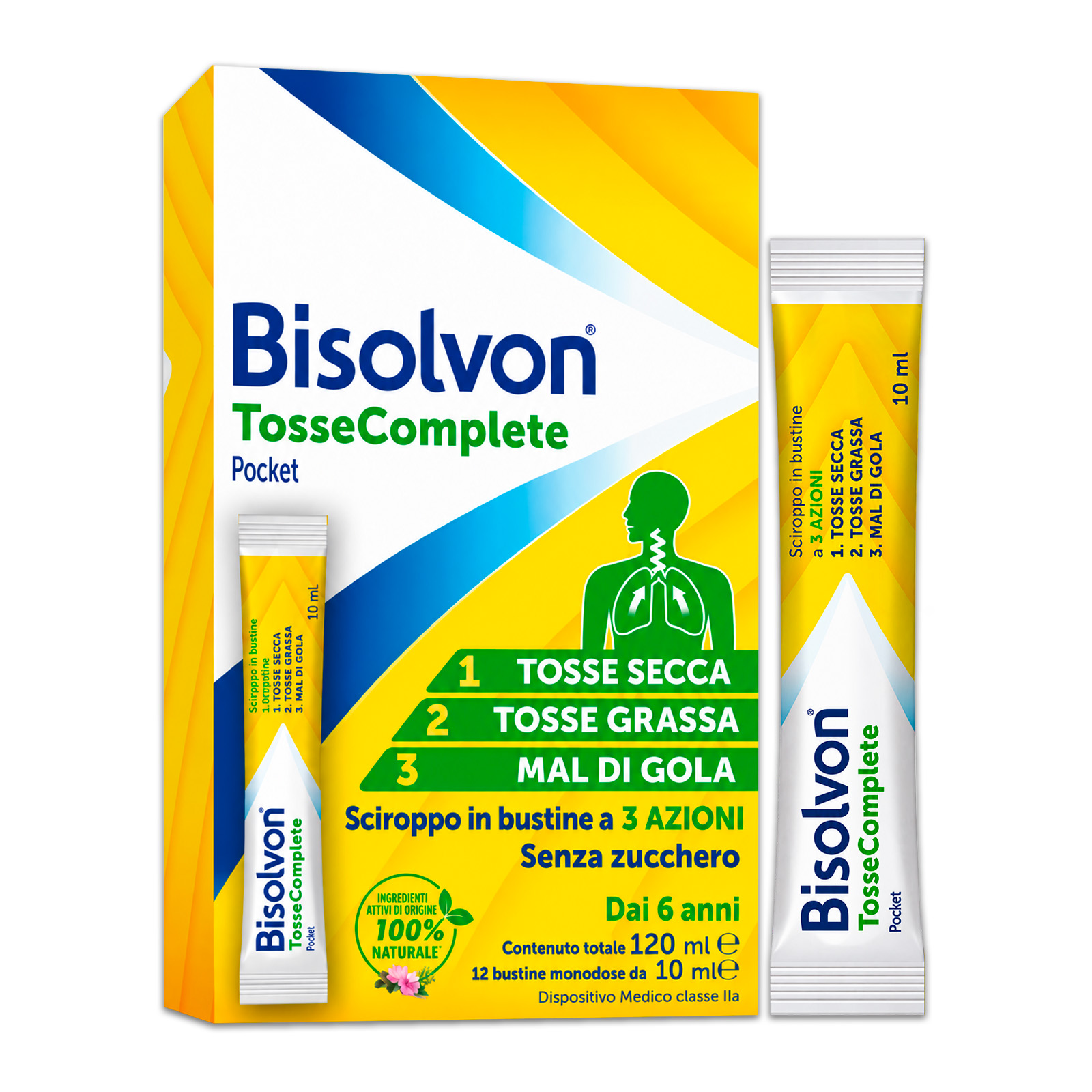 Bisolvon Tosse Complete 12 Bustine Monodose - Trattamento Per Tosse Grassa, Secca E Mal Di Gola