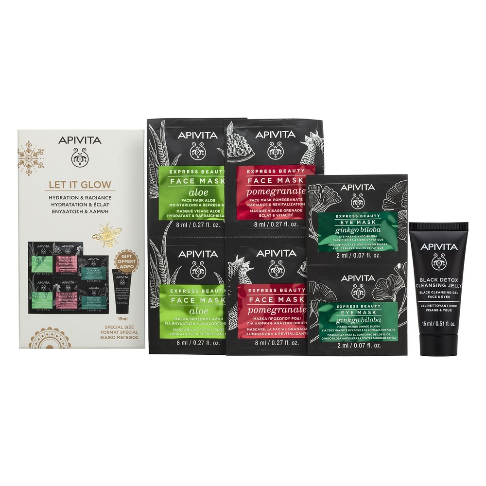 Apivita Let It Glow Cofanetto Regalo - 2 Maschere All'Aloe + 2 Maschere Al Melograno + 2 Maschere Al Ginkgo Biloba + Gel Detergente Nero 15 ml