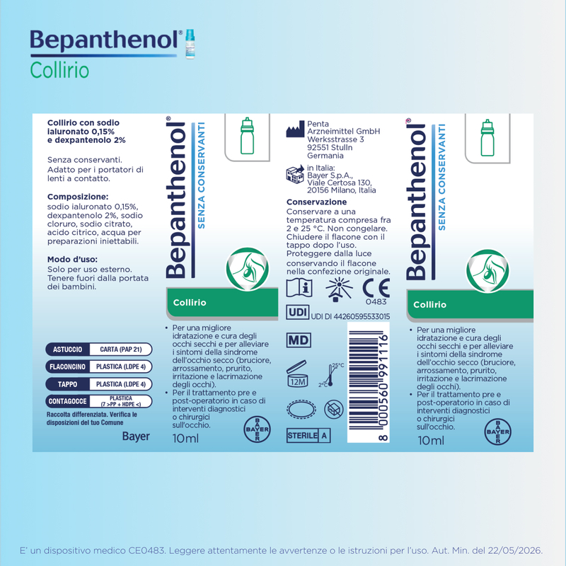 Bepanthenol Collirio 10 ml - Trattamento Idratante Per Occhi Secchi