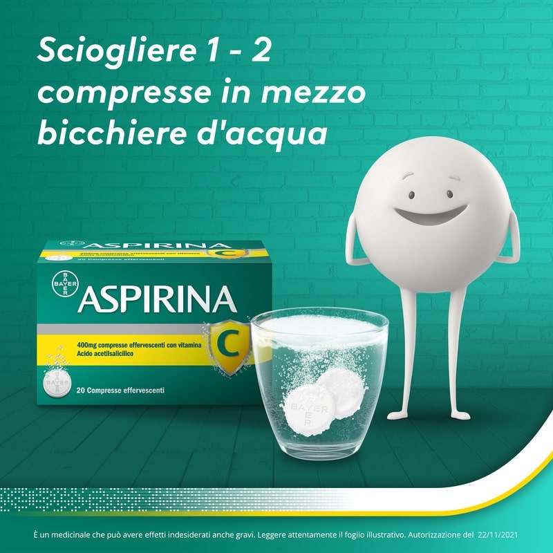 Aspirina C, contro sintomi di Raffreddore, Influenza e Febbre, 400 mg di Acido Acetilsalicilico + 240 mg di Vitamina C, antinfiammatorio e analgesico, 20 Compresse Effervescenti
