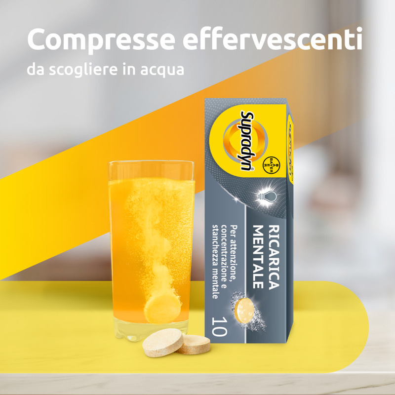 Supradyn Ricarica Mentale Integratore Vitamine e Minerali con Acido Folico, Caffeina e Guaranà per Memoria e Concentrazione, 10 Compresse Effervescenti