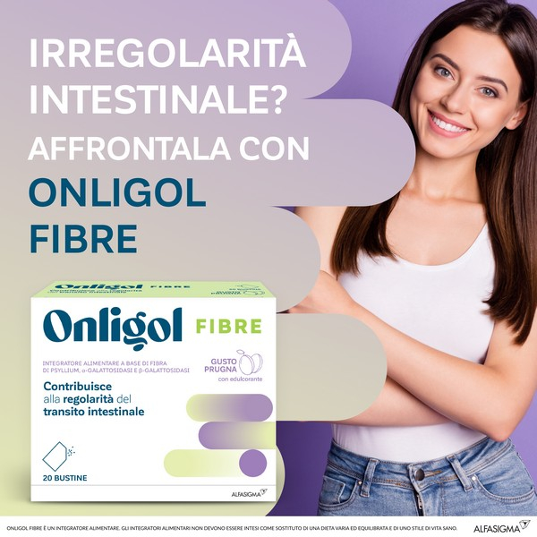 Onligol Fibre, integratore lassativo a base di fibre di Psyllium - utile in caso di stitichezza - Gusto Prugna 20 Bustine