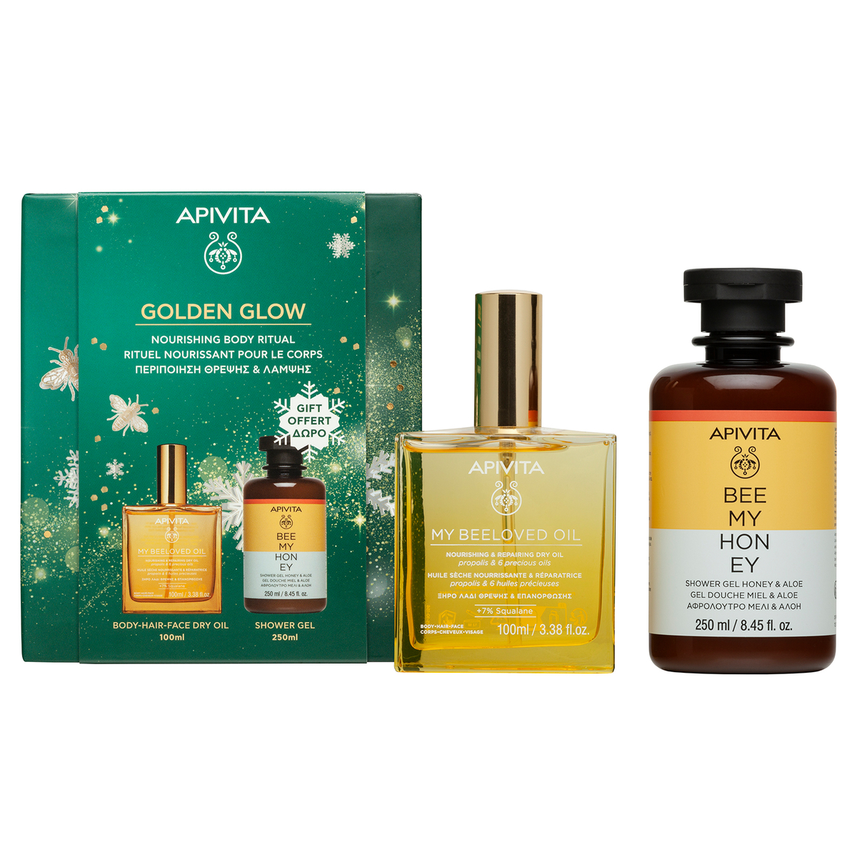 Apivita Golden Glow Cofanetto Regalo - Olio Secco Nutriente Corpo E Capelli 100 ml + Gel Doccia 250 ml
