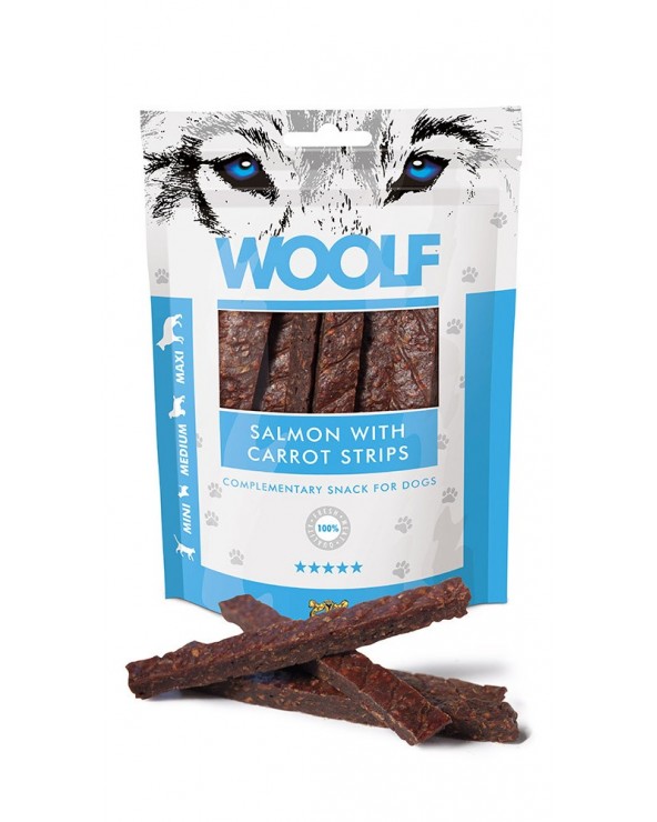 MAST WOOLF CANE/GATTO SNACK MINI/MEDIUM/MAXI STRISCE SALMONE CAROTE 100GR