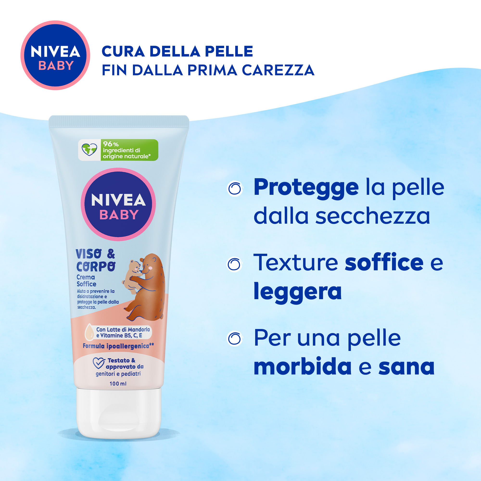 Nivea Baby Viso & Corpo Crema Soffice 100 ml, Crema bambini corpo e viso idratante e nutriente