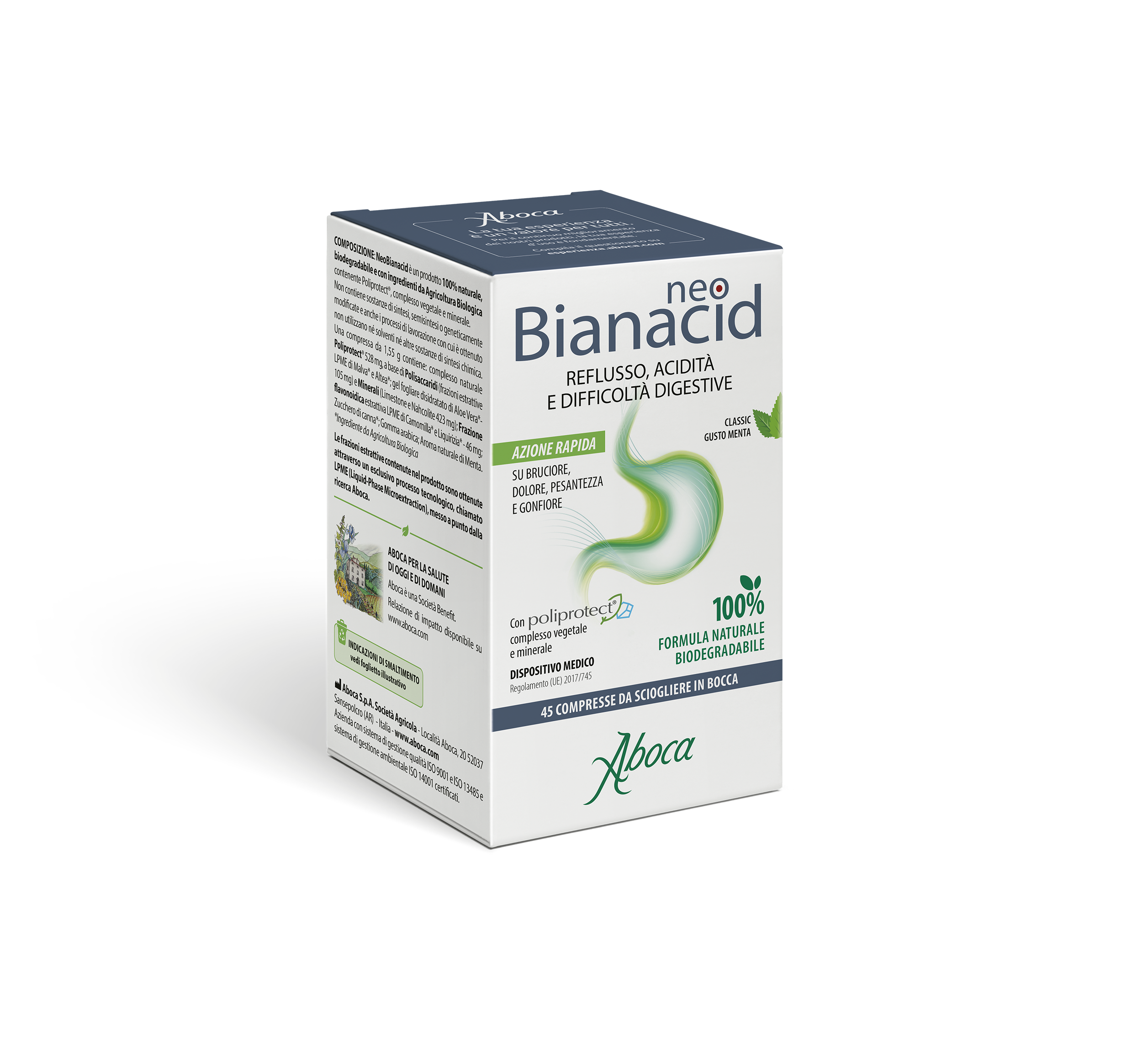 Aboca - NeoBianacid 45 Compresse Gusto Menta Per Reflusso, Acidità E Difficoltà Digestive - Dispositivo Medico Classe III