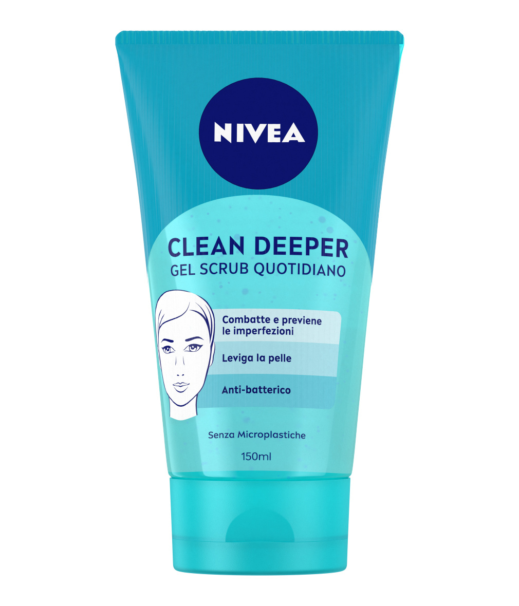 Nivea Clean Deeper Gel Scrub Viso Quotidiano 150 ml, Esfoliante viso per la cura della pelle grassa