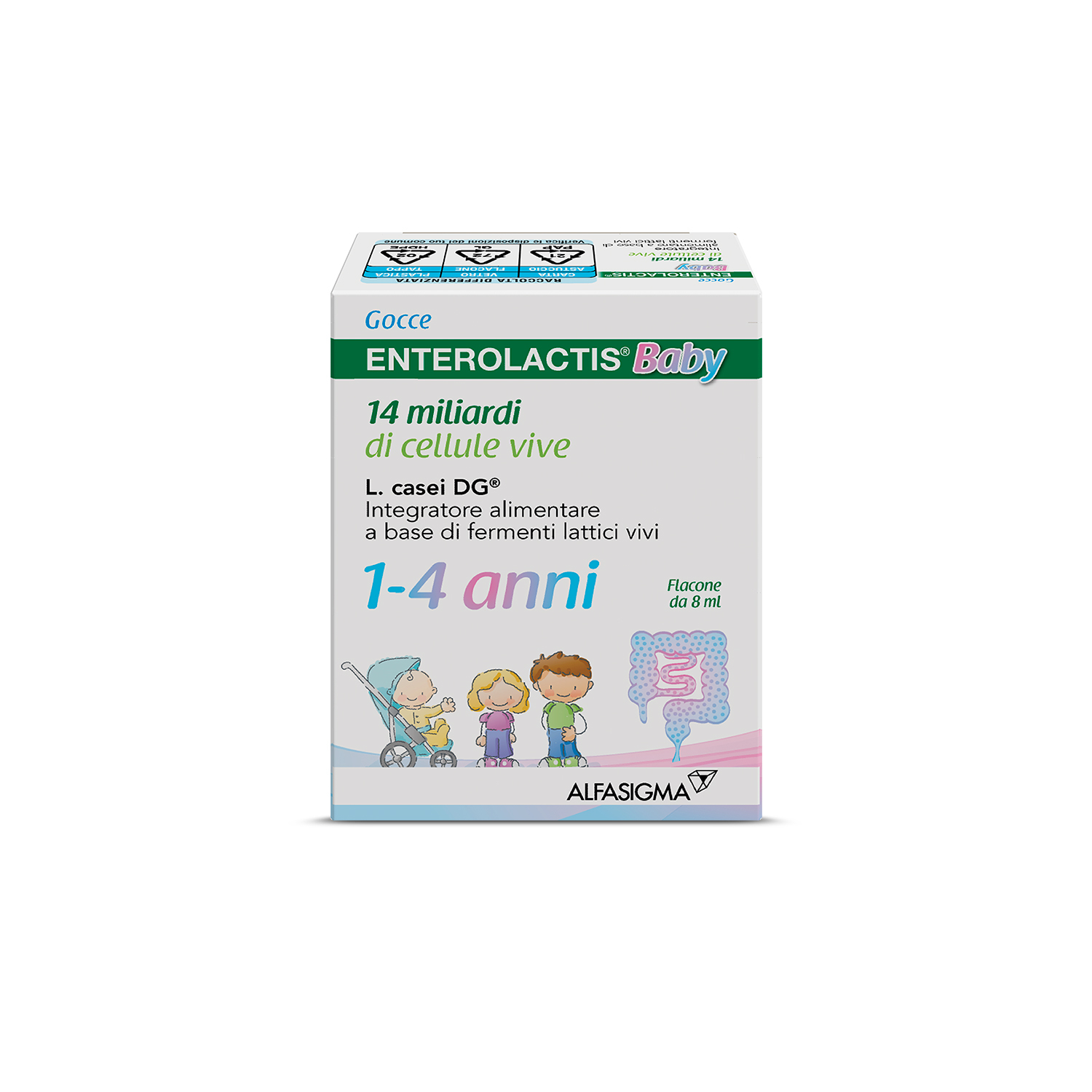 Enterolactis Baby Gocce, Integratore Alimentare con Fermenti lattici, probiotici L,Casei DG, 14 Miliardi Cellule Vive, Specifico per Bambini 1-4 anni, Flacone da 8ml