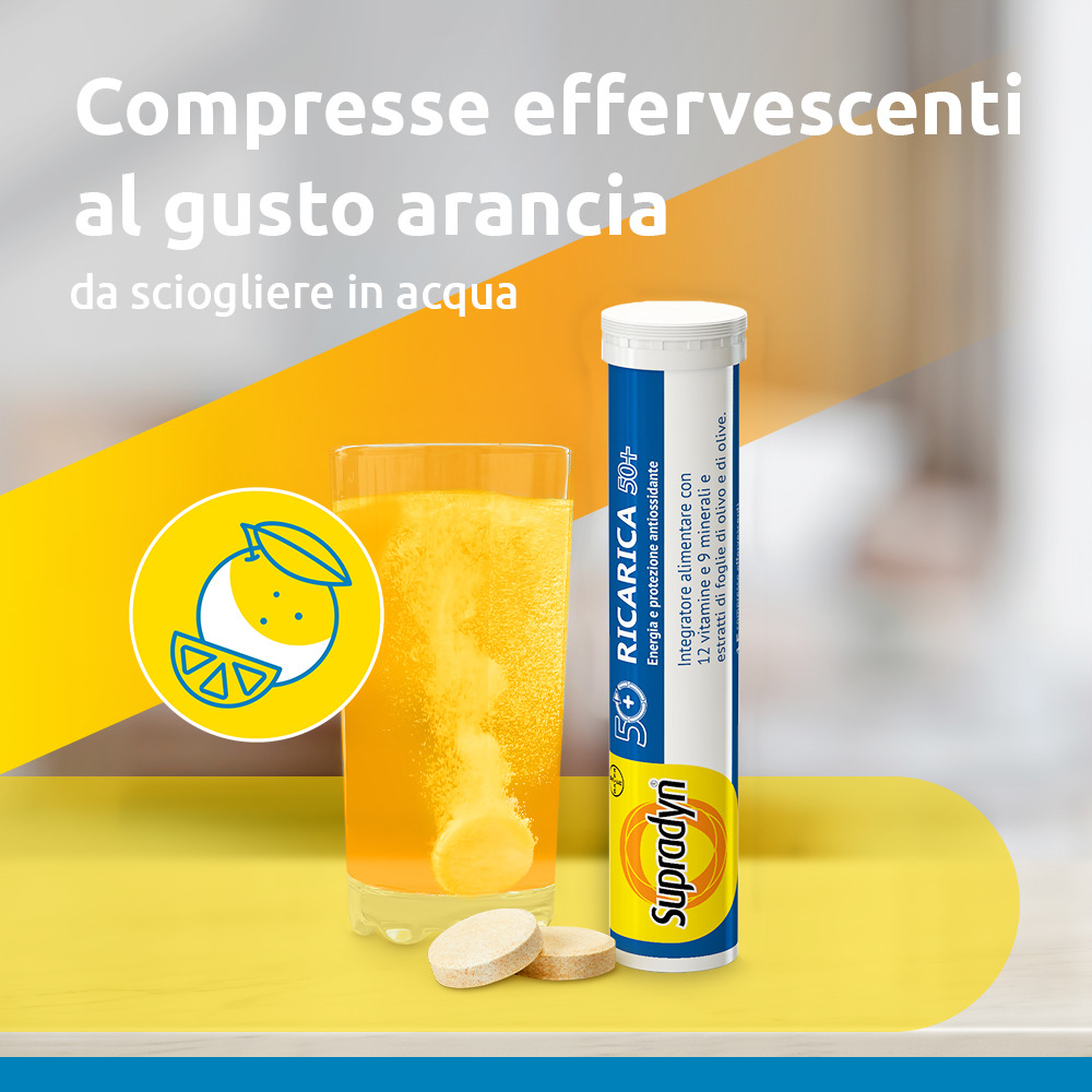 Supradyn Ricarica 50+ Integratore Multivitaminico con Vitamina C, Vitamina D, Minerali, Antiossidanti contro Stanchezza Fisica e invecchiamento, Gusto Arancia, 15 Compresse Effervescenti