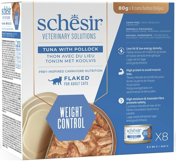 SCHESIR GATTO VETERINARY SOLUTIONS WEIGHT CONTROL FILETTI TONNETTO/MERLUZZO 8X80GR (lattina) - MULTIPACK