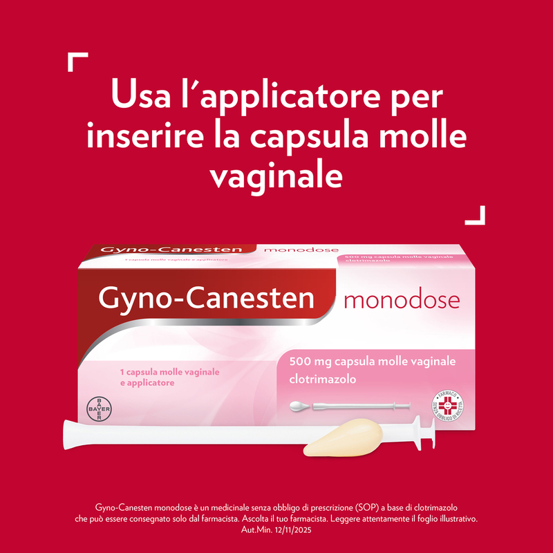 Gyno-Canesten Monodose, Per Sintomi e Cause della Candida, con 500 mg di Clotrimazolo, 1 Capsula molle Vaginale + Applicatore