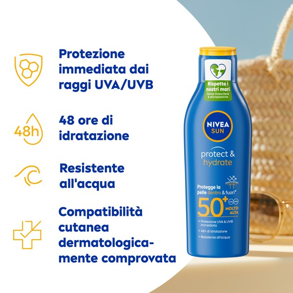 Nivea Sun Latte Solare Protect & Hydrate SPF50+ 100 ml, Crema solare 50+ idratante formato viaggio