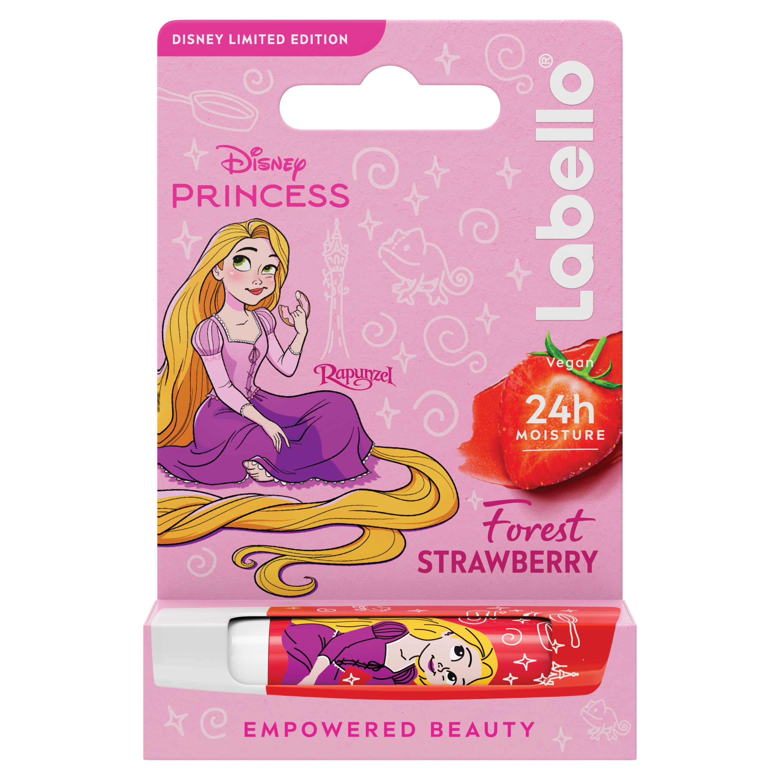Labello Disney Princess Limited Edition - Rapunzel - Balsamo labbra colorato ad azione idratante prolungata, adatto dai 3 anni in su - Burrocacao aroma fragola, 4.8g