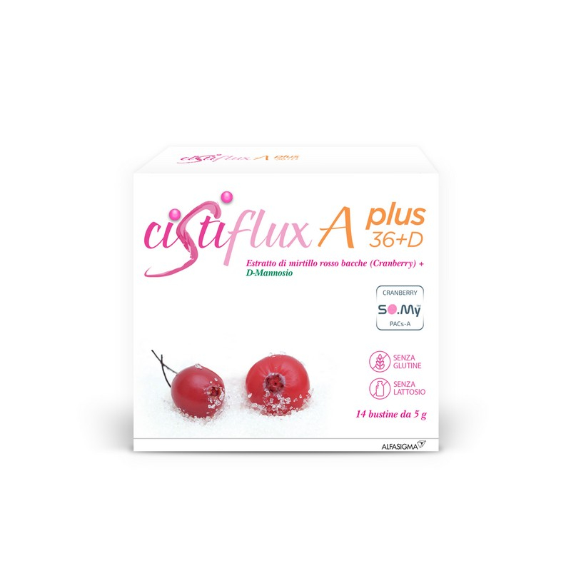 Cistiflux a Plus 36Ed, Integratore a Base di Estratto di Mirtillo Rosso, Cranberry Americano, e D-Mannosio, per Favorire Una Corretta Funzionalità delle Vie Urinarie, utile in caso di cistite, 14 Bustine, Gusto Frutti di Bosco