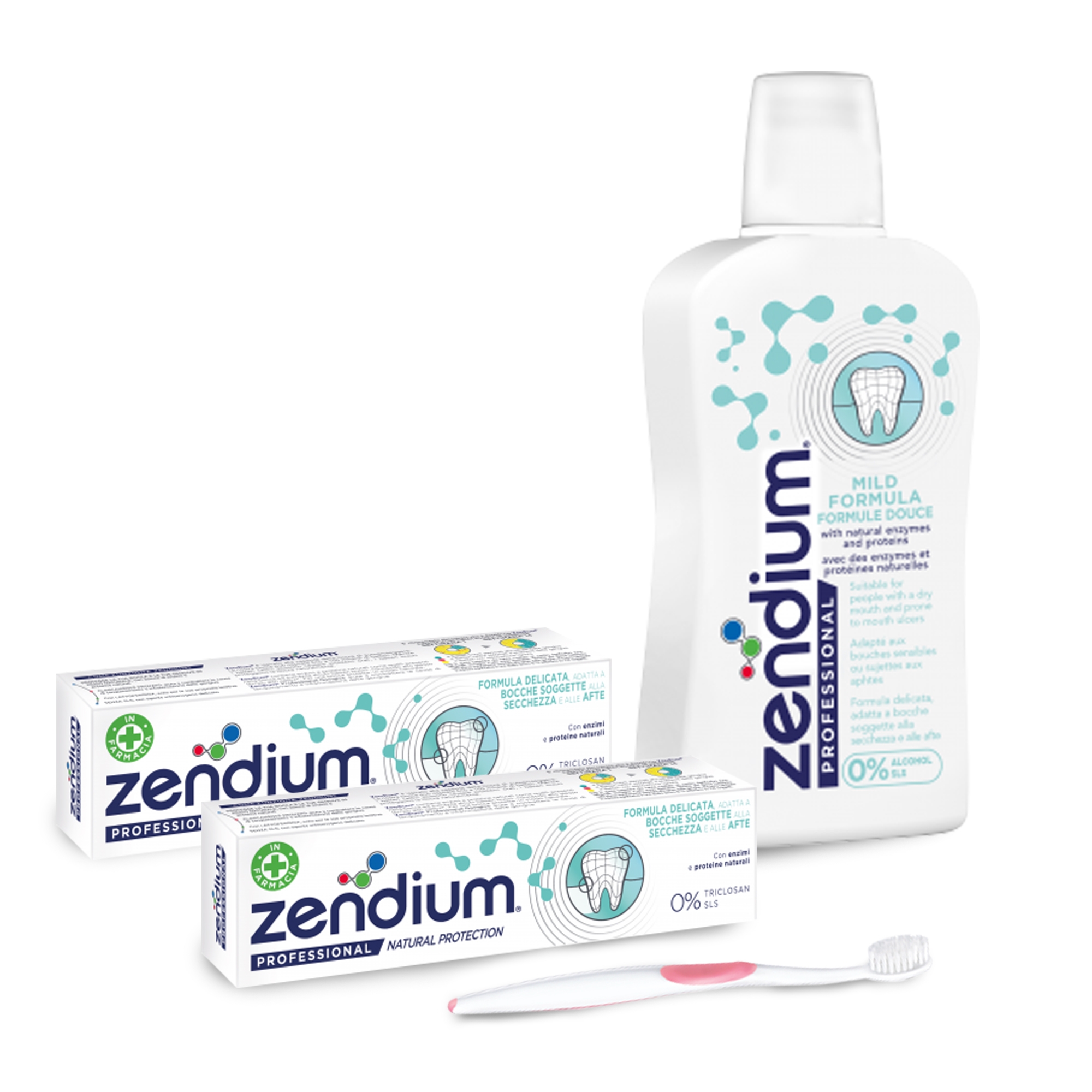 ZENDIUM KIT - Afte e bocca secca - Collutorio + Spazzolino + 2 dentifrici
