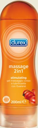 Durex Massage 2in1 Stimulating con Guaranà - Gel massaggio corpo e lubrificante - 200 ml