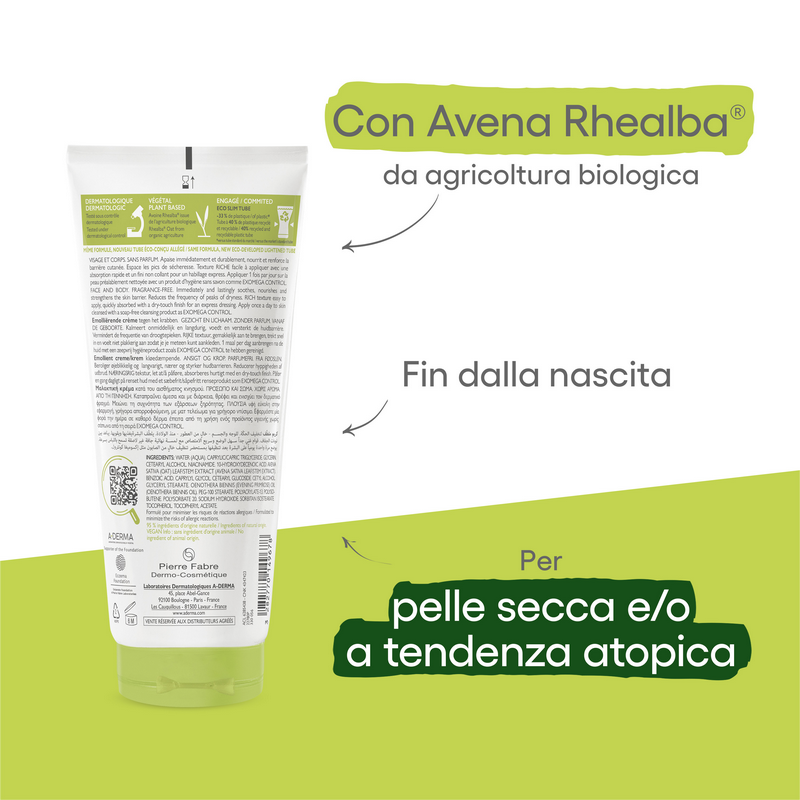 A-Derma Exomega Control Crema emolliente anti-grattage, Lenisce la secchezza, gli arrossamenti e riduce le sensazioni di prurito, Pelle secca a tendenza atopica, 200ml