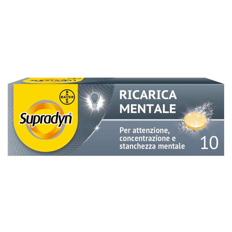 Supradyn Ricarica Mentale Integratore Vitamine e Minerali con Acido Folico, Caffeina e Guaranà per Memoria e Concentrazione, 10 Compresse Effervescenti