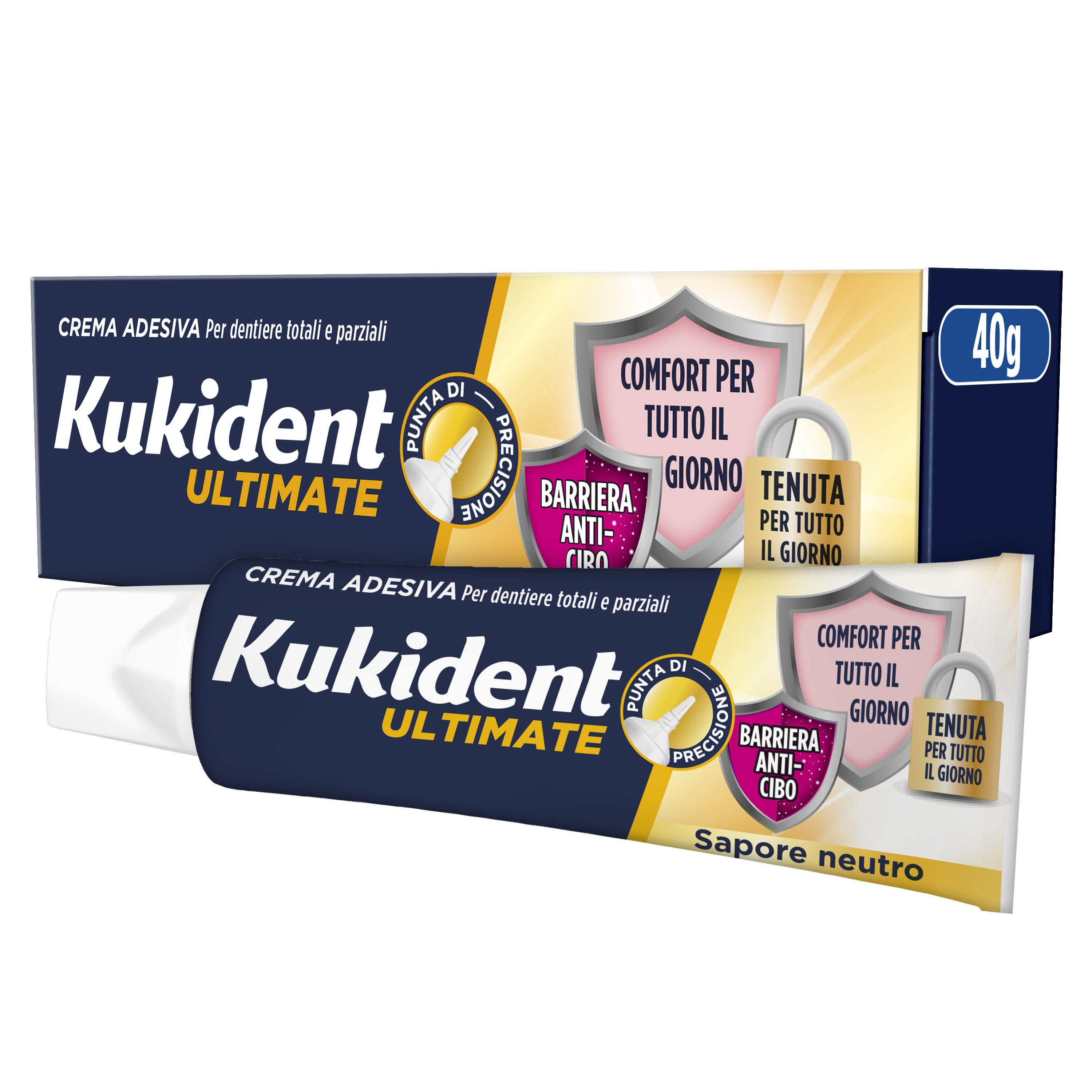 Kukident Ultimate Barriera Anti-cibo. Crema Adesiva Per Dentiere Totali e Parziali. Sapore Neutro 40g
