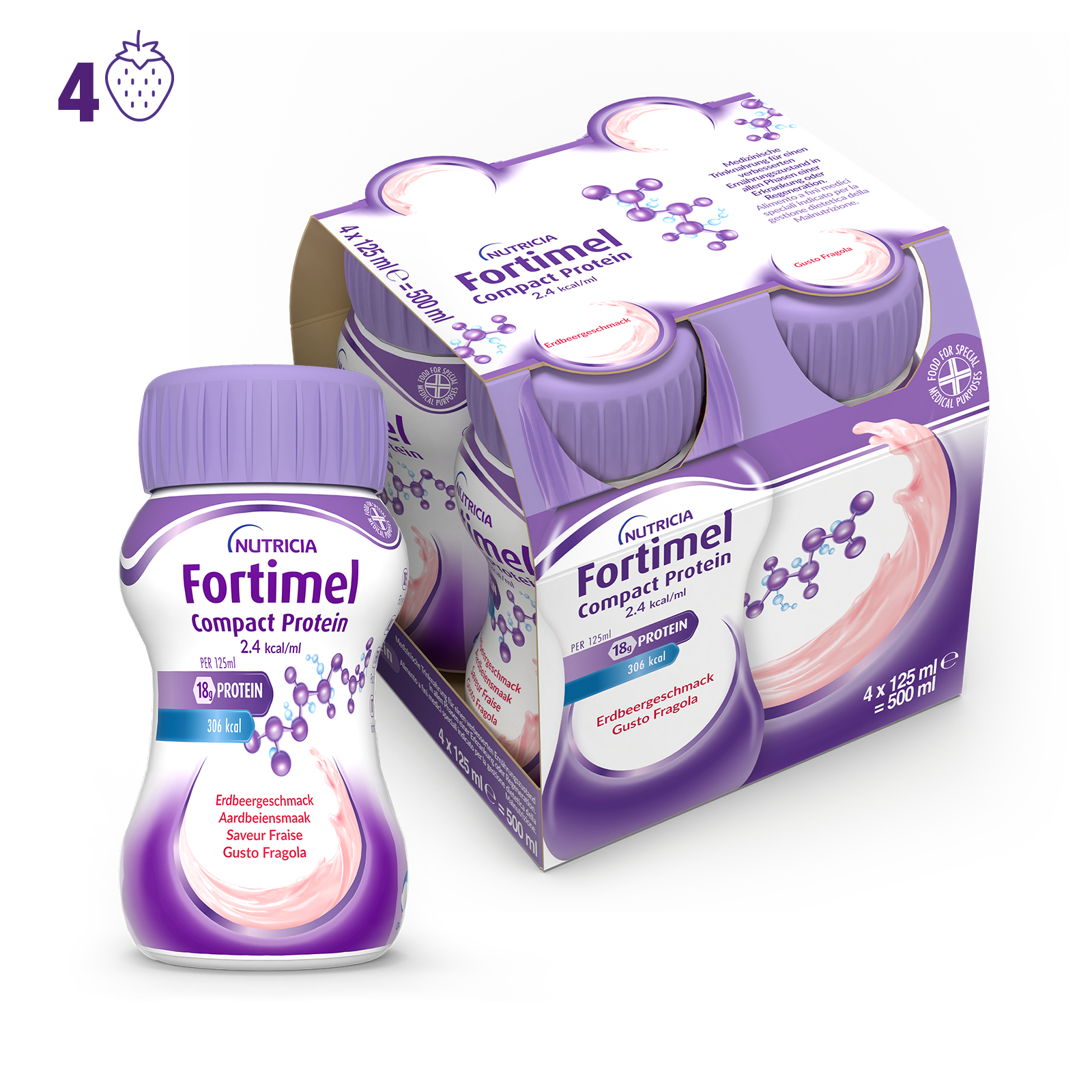 Nutricia Fortimel Compact Protein, Gusto Fragola, Ipercalorico e Iperproteico, 4x125ml