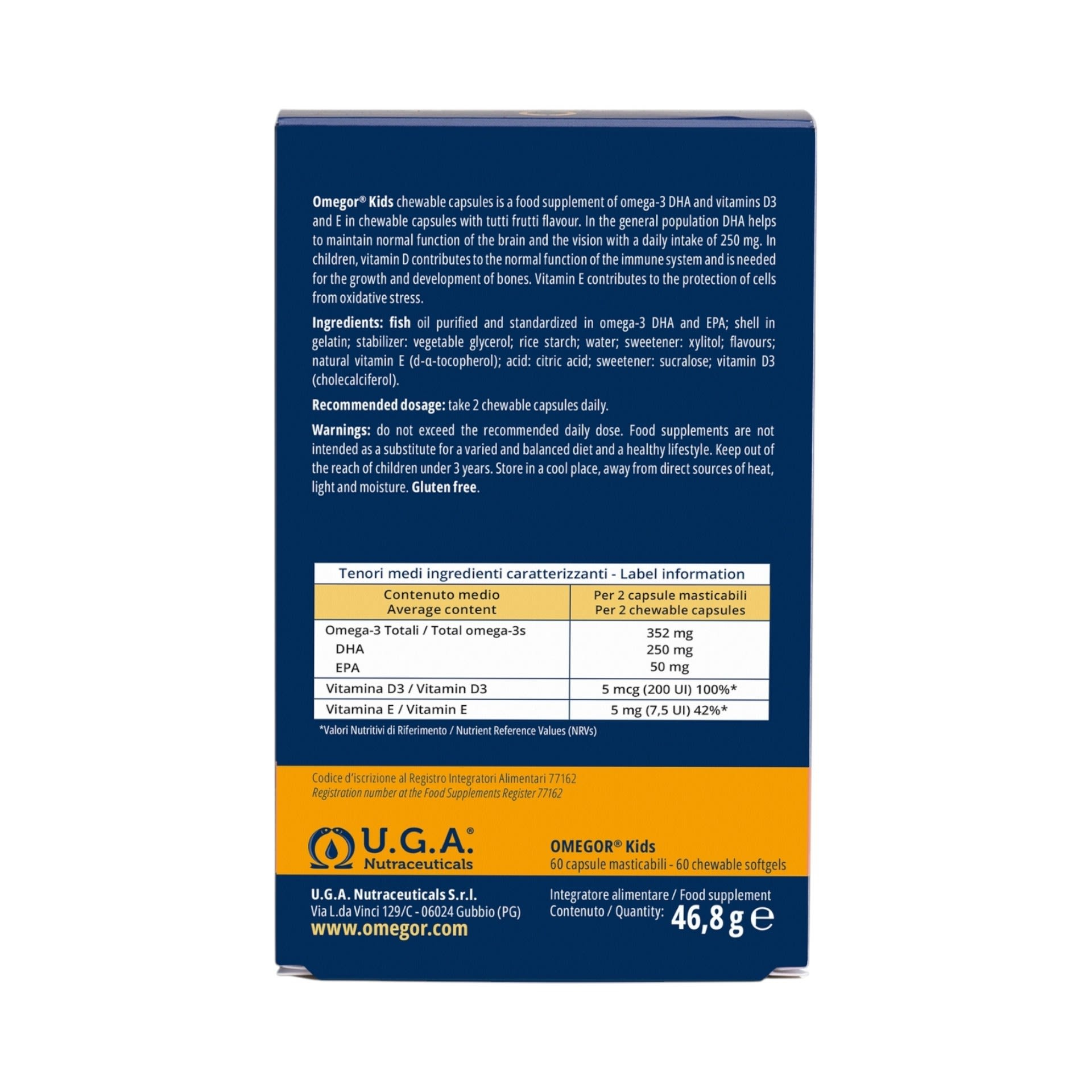 Omegor Kids - Integratore per lo sviluppo fisico ed intellettivo - gusto tutti frutti - 60 capsule masticabili