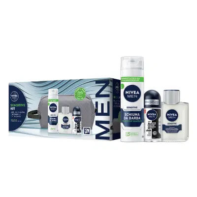 NIVEA MEN Sensitive Kit Cofanetto Regalo Uomo, Set regalo con Schiuma da Barba 200 ml, Balsamo Dopobarba 100 ml, Deodorante uomo Black & White 50 ml e Travel Bag omaggio inclusa