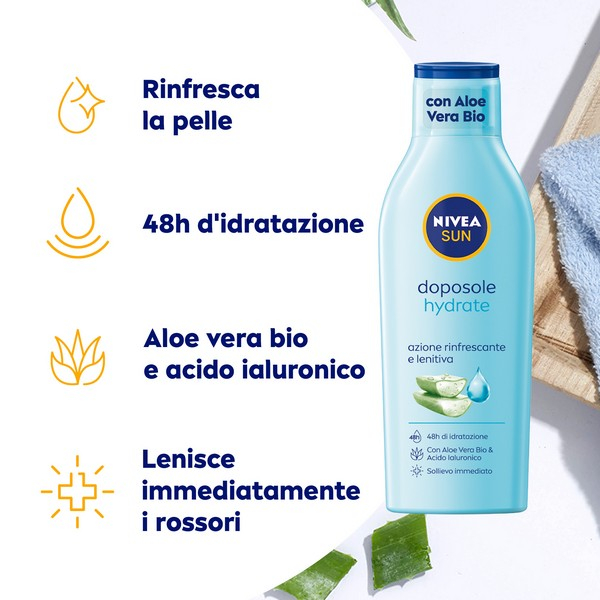 Nivea Sun Latte Doposole Hydrate 200 ml, Dopo sole idratante con Aloe Vera Bio e Acido Ialuronico